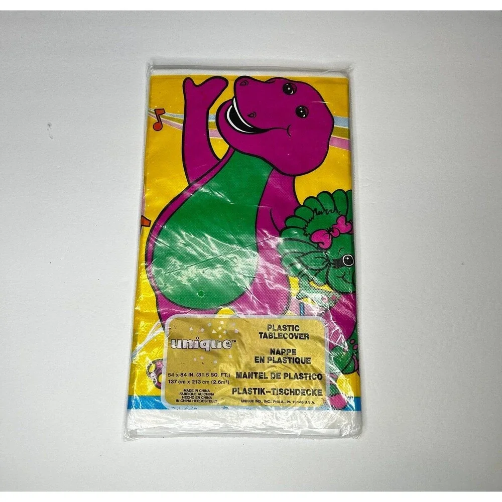 Vintage Barney and friends party plastic table cloth 90s 1990s 54“ x 84“